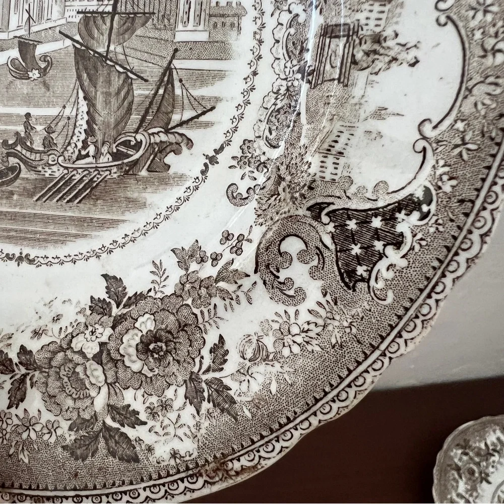 Set 4 Antique English Transferware Gondola Boat Brown White Scallop Plates 1830s
